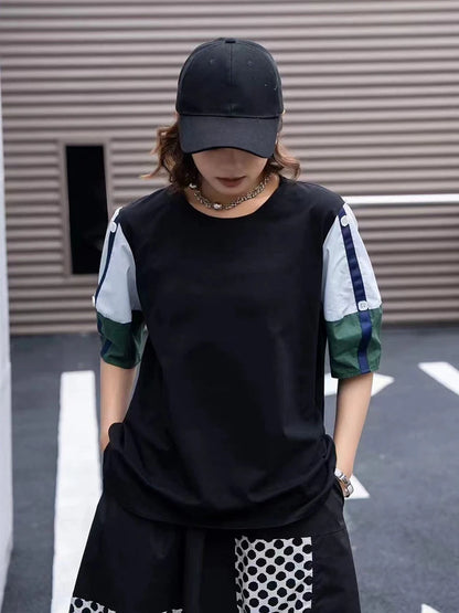 XITAO Casual T-shirt Contrast Color Short Sleeve Splicing Women Top 2024 Summer New Loose Street Trend Fashion T-shirt WLD20128