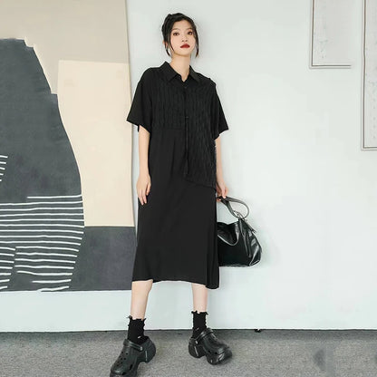 XITAO Turn-down Collar Patchwork Dress Solid Color Short Sleeve Pullover Loose Slimming Dress 2024 Summer New All Match WLD20146