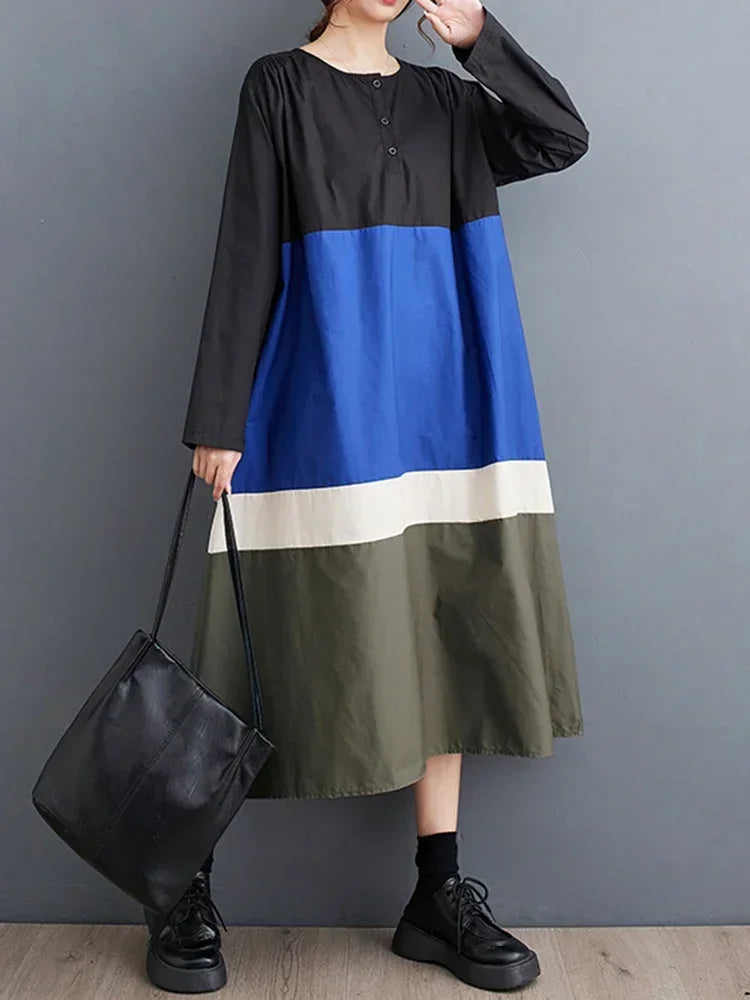 XITAO Casual Dress Simplicity Contrast Color Splicing Loose Long Sleeve Pullover O-neck Women Dress Initial Spring New ZZ0010