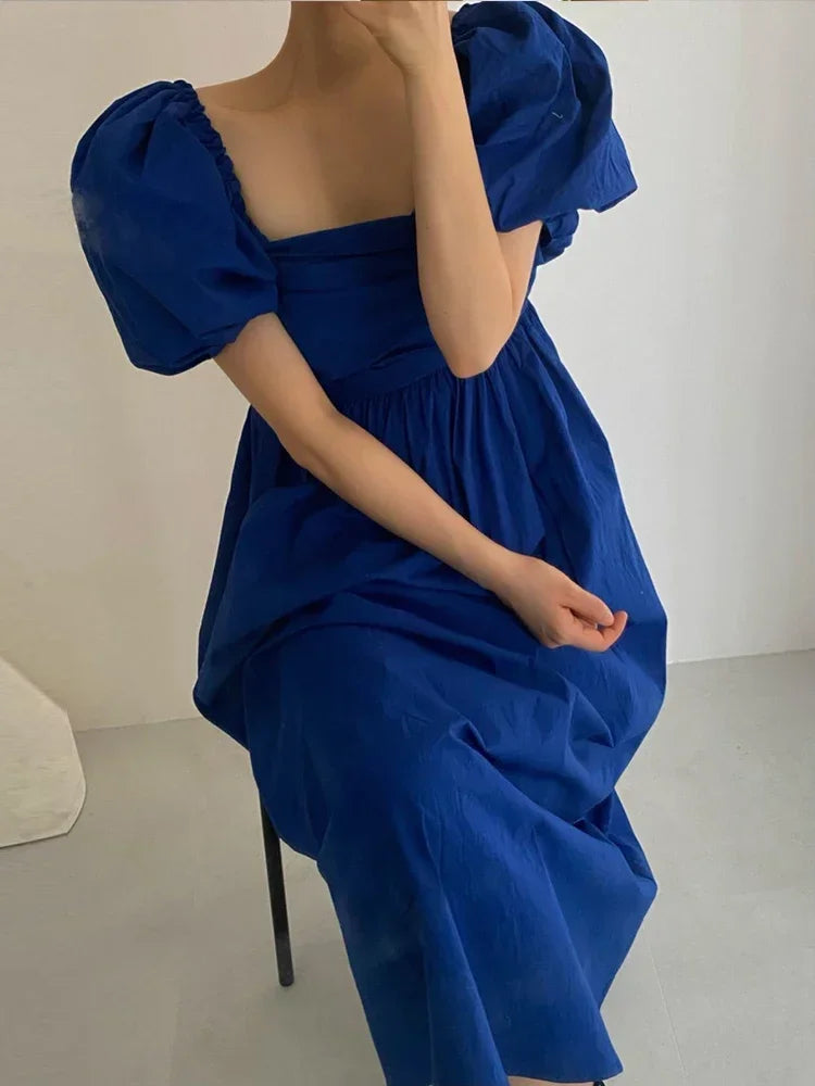 XITAO Pleated Solid Dress Women Summer New Arrival Personality Fashion Loose Puff Sleeve Ankle-length Dress HQQ1271