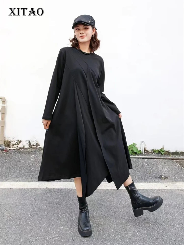 XITAO Asymmetrical Solid Color Patchwork Dresses O-neck Pullover Long Sleeve Loose Casual Slimming Dress 2024 Autumn New GJ1096