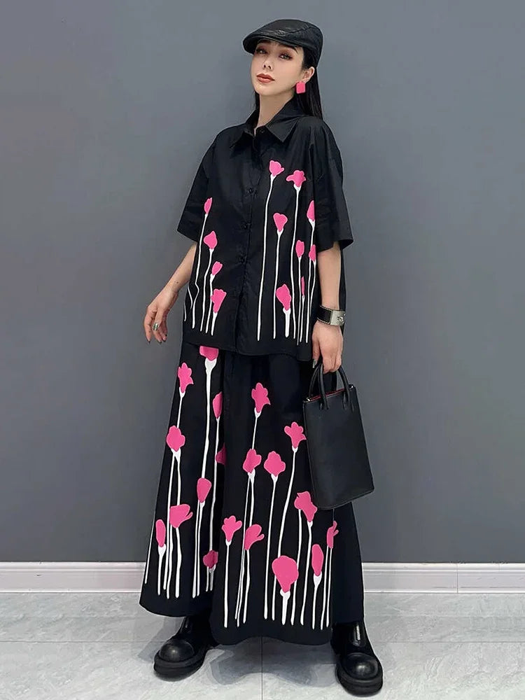 XITAO Casual Print Dress Sets Loose Fashion Contrast Color Women Short Sleeve Shirt Skirt Two Pieces Sets Summer New HQQ2373