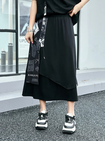 XITAO Irregular Fashion Patchwork Skirt Black Letter Print Bandage Splicing A-line Skirt Summer New Temperament Women HQQ0356