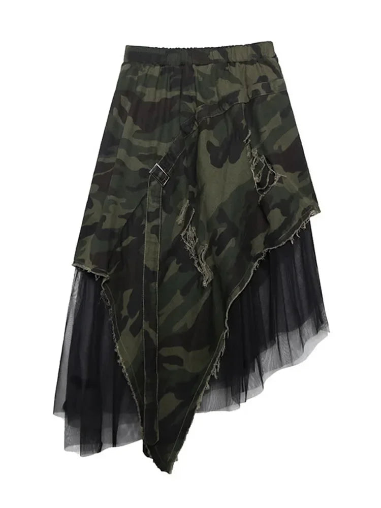 XITAO Camouflage Mesh Splice Long Skirt Street Asymmetrical High Waist Summer Clothes for Women Fashion Loose Casual  XJ1689