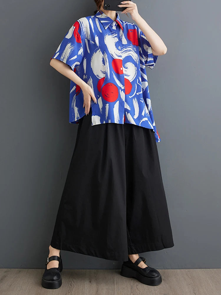 XITAO Asymmetrical Women Casual Shirt Contrast Color Fashion Print Turn-down Collar Short Sleeve Top Summer New WLD20201