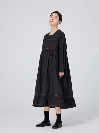 XITAO Drawstring Fold Dress Solid Color Casual Loose Fashion Long Sleeve O-neck Collar Simplicity Women WMD2745