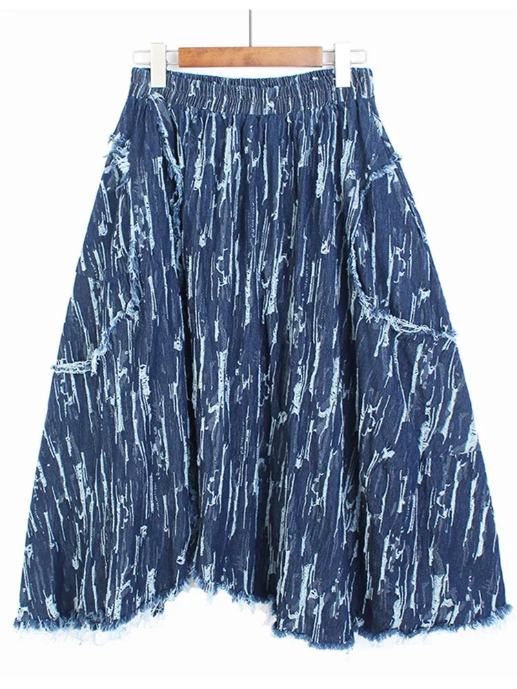 XITAO Irregular Skirt Fashion Print Pattern Elastic Waist Goddess Fan Pleated Spring Minority Pocket Loose Skirt ZY7970