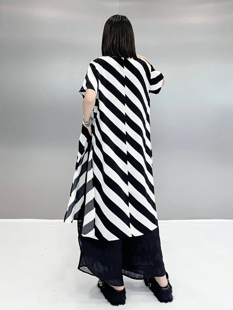 XITAO Striped Slit Dress Casual Fashion Contrast Color O-neck Collar Short Sleeve T-shirt Dress 2024 Summer New Women ZY8820