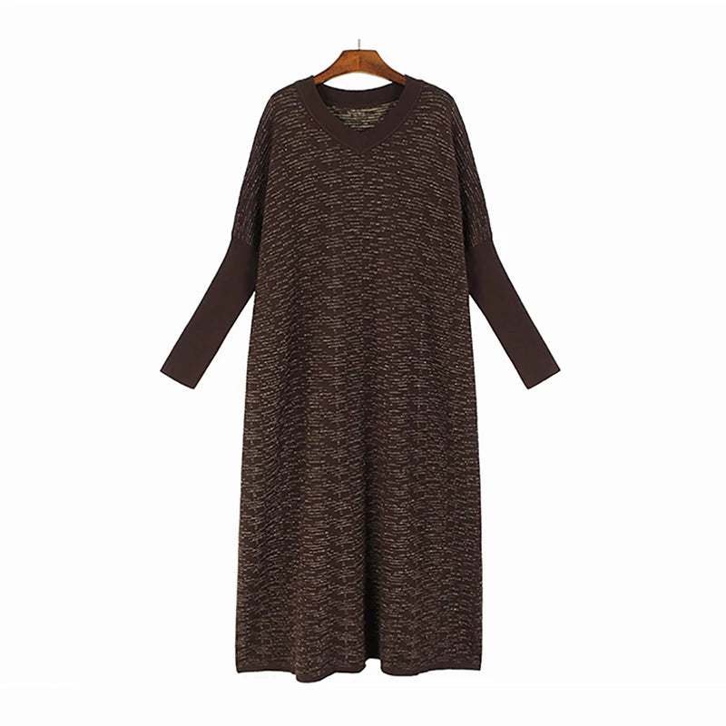 XITAO Knitting Dress Bright Silk Full Sleeve V-neck Fashion Casual New Women Winter Pullover Loose Oversize Dress DMJ3695