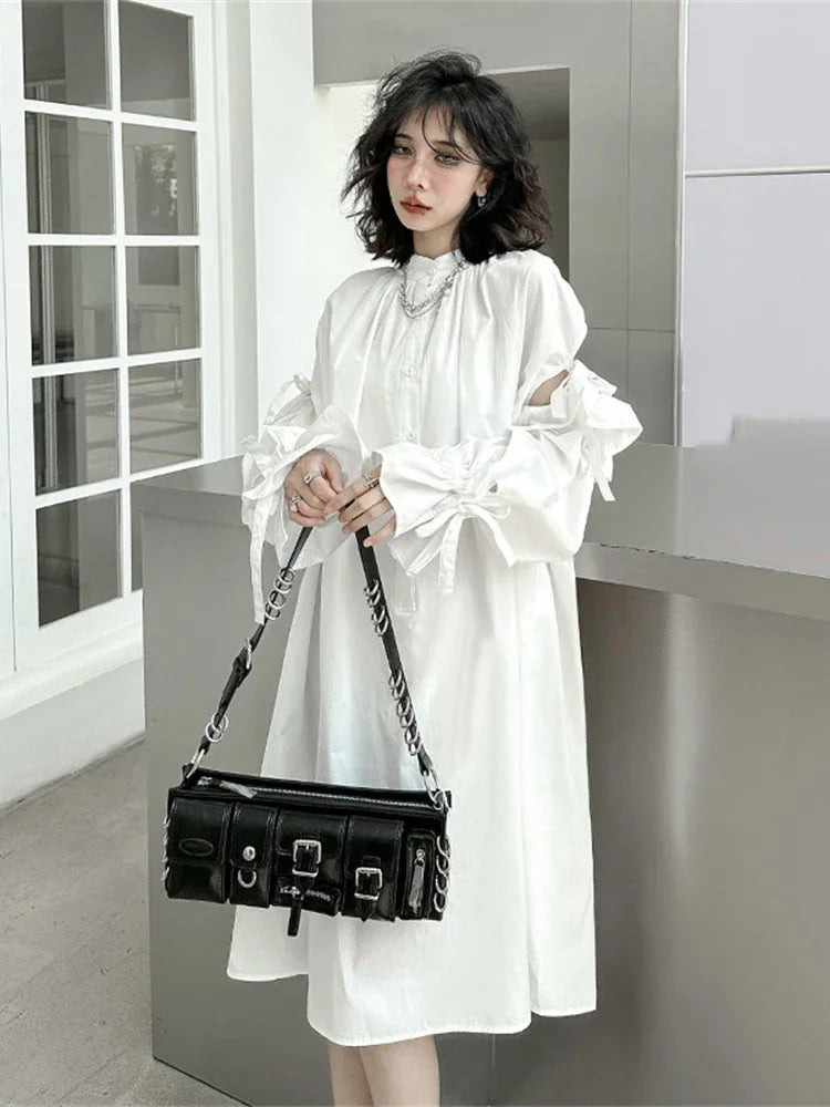 XITAO White Black Dress Pullover Full Sleeve Goddess Fan Casual Elegant Solid Color Pleated Bow Casual Style Dress WLD16116