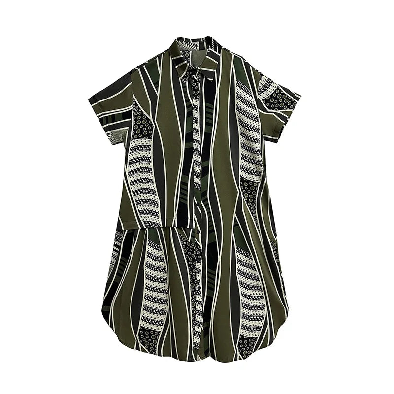 XITAO False Two Pieces Dress Irregular Striped Geometry Print Splicing Women Short Sleeve Shirt Dress Summer New ZY8831