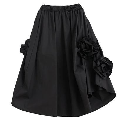 XITAO Floral Black Skirt Fashion Women Elegant Goddess Fan Irregular Elastic Waist Minority Loose Elegant Skirt WLD16640