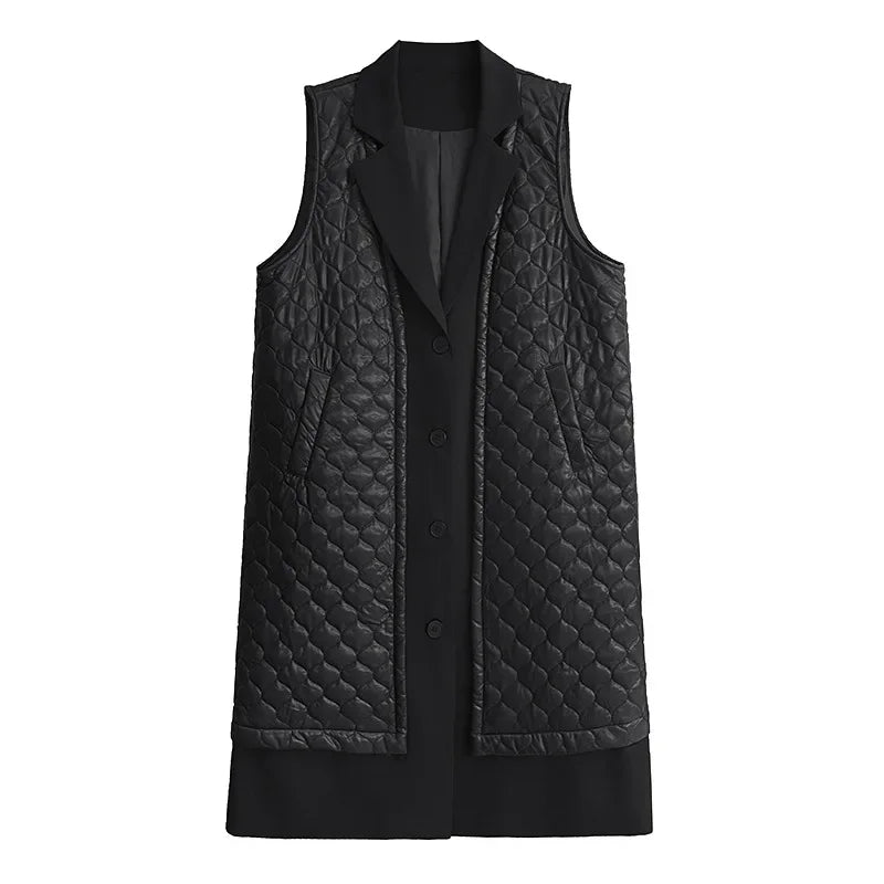 XITAO Pu Patchwork Pocket Sleeveless Vest Turn-down Collar Single Breasted Long Vest Parka Loose Slimming All Match GMM1228