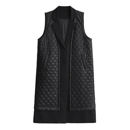 XITAO Pu Patchwork Pocket Sleeveless Vest Turn-down Collar Single Breasted Long Vest Parka Loose Slimming All Match GMM1228