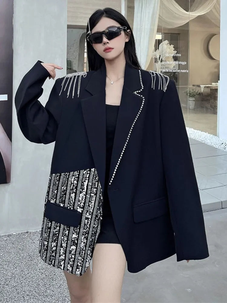 XITAO Fashion Solid Color Casual Single Button Coat Loose Fit Full Sleeve Sequined Black Series Autumn Female Blazer ZYY1048