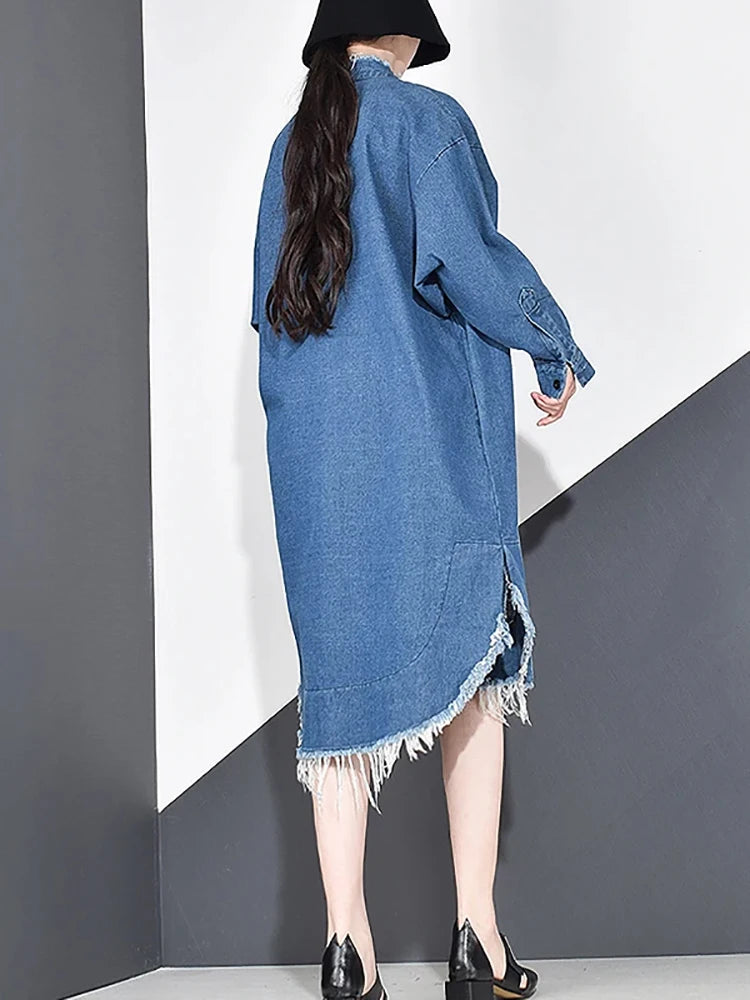 XITAO Casual Denim Tassel Trench Simplicity Loose Spring New Fashion Stand Collar Match All Women Clothes Women Coat KY655