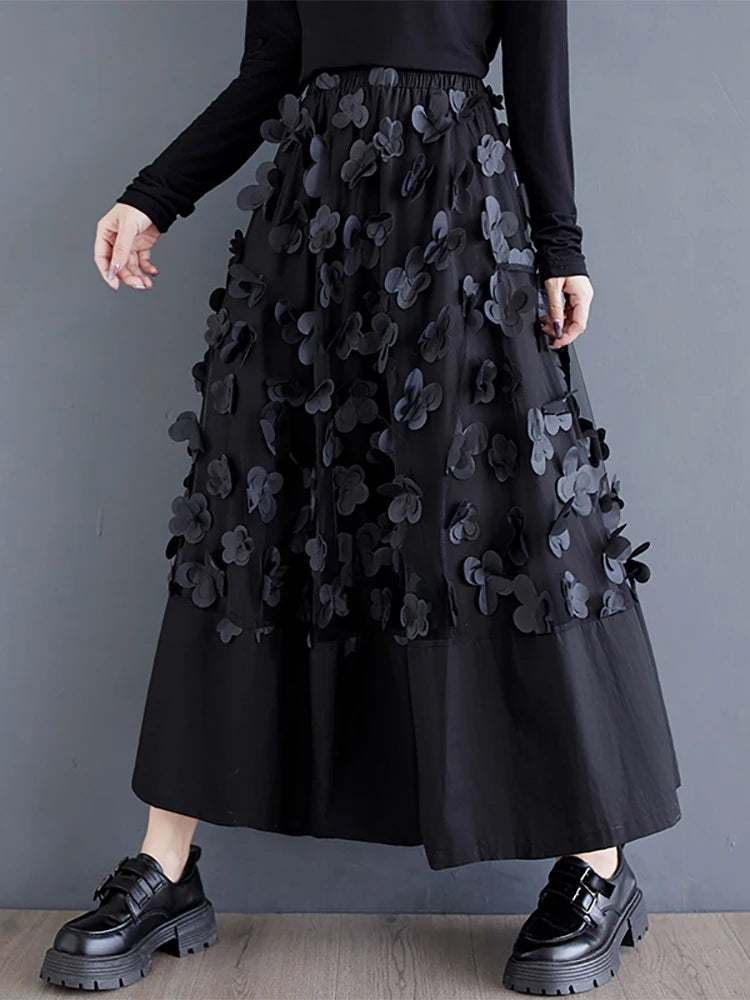 XITAO Korea Patchwork Women A-line Skirt Elastic Waist Flower New Autumn 2024 Female Ankle Length Black Splicing Skirt LJ1066