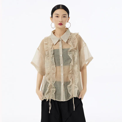 XITAO Perspective Gauze Shirt Fashion Drawstring Edible Tree Fungus Decorate Top Sexy Loose Women Shirt Summer New DMJ4163