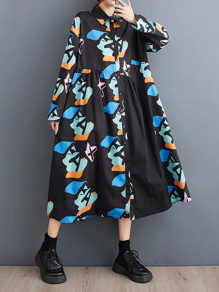 XITAO Contrast Color Print Dress Loose Fashion Long Sleeve Turn-down Collar Shirt Dress Initial Spring New Women LYD1471