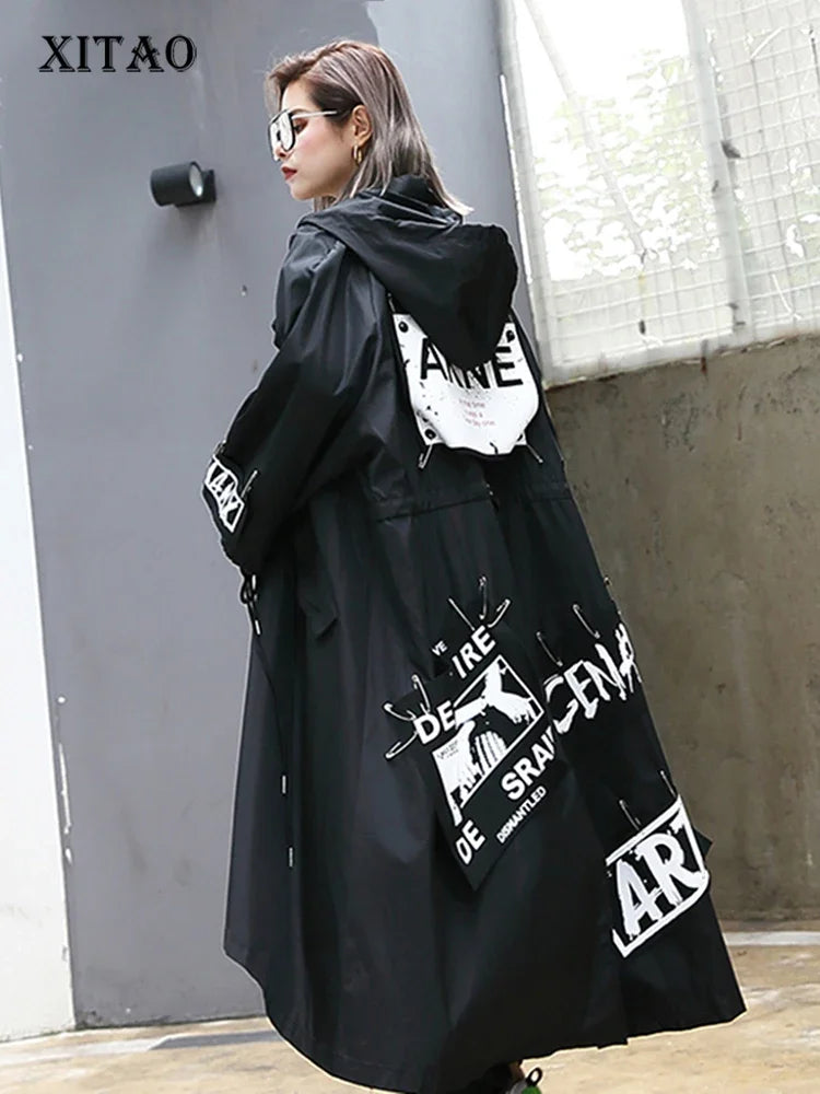 XITAO Spliced  Black Trench For Women Tide Long Print Streetwear Hoodie Casual Female Wide Waisted Coat 2019 ZLL1100