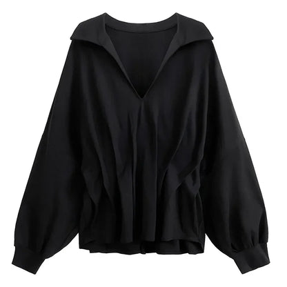 XITAO Asymmetrical Folds Batwing Sleeve Women Blouse Solid Color V-neck Pullover Loose Slimming Top Coat 2024 Autumn New ZY8887