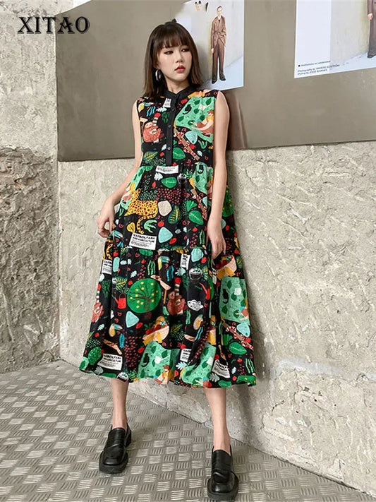 XITAO Print Pattern Dress Pleated Goddess Fan Casual Style Sleeveless 2024 Summer Minority Elegant Pleated Dress WMD7044