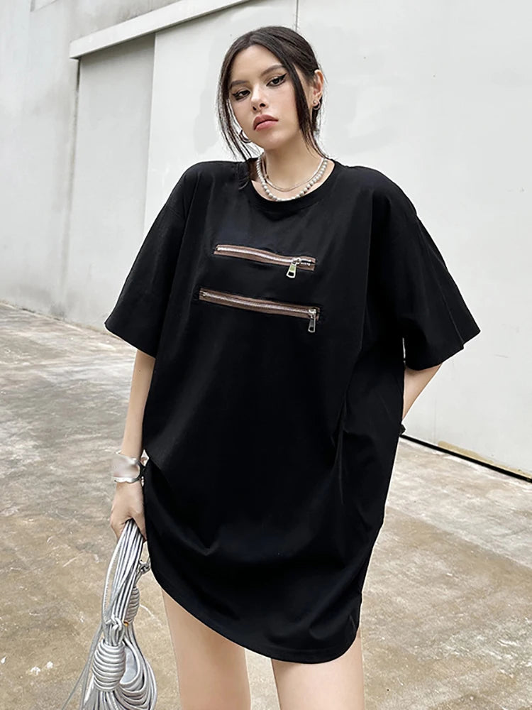 XITAO Zipper Patchwork Short Sleeve T-shirts O-neck Solid Color Pullover Loose Slimming Tops Summer Fashion All Match ZY8679