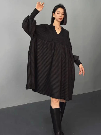 XITAO Solid Patchwork Loose Female Dress V-neck Long Sleeve Casual Knee Length Solid Color Autumn New Fashion Women Dress GJ1110