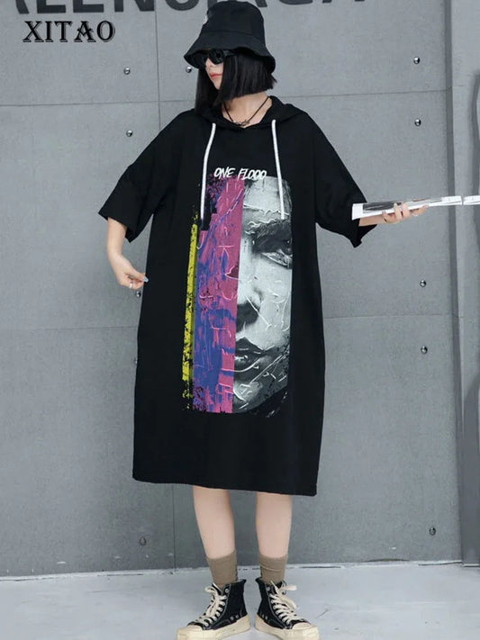 XITAO Rope Hooded Printing Knee-length Dress Casual Loose Fitting Fashion Half Sleeve Solid Color Summer Women Dress GMM1200