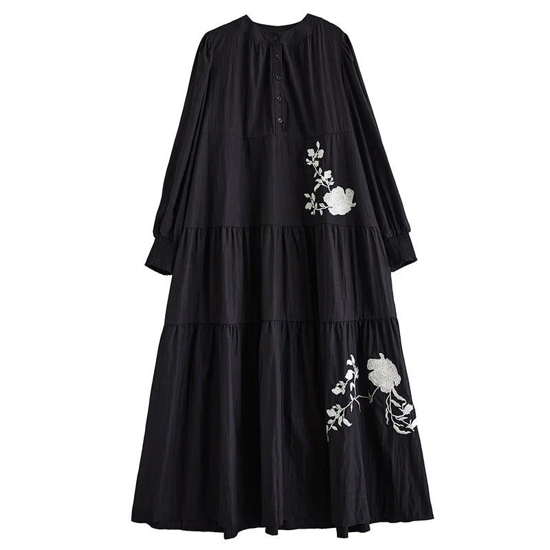 XITAO Patchwork Loose Embroidery Female Dress 2024 New Casual Long Sleeve O-neck Ankle Length A-line Autumn Women Dress LJ1068