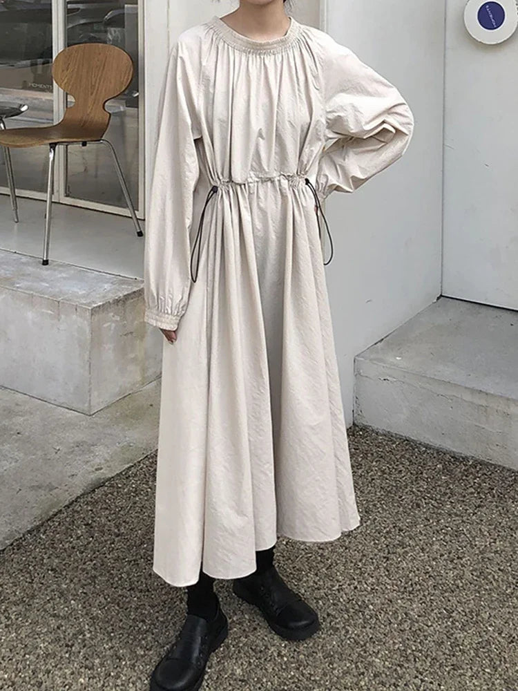 XITAO Casual Draw String Dress Loose Fashion Solid Color Simplicity O-neck Pullover Dress Spring New Temperament Women WLD10053