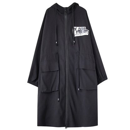 XITAO Hooded Zipper Drawstring Pocket Elastic Sleeve Coat Loose Full Sleeve Personality Print Autumn Female Trench GMM1207