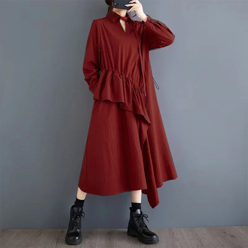 XITAO Asymmetrical Flounced Edge Female Dress Solid Color Loose Casual Pullover Mid-calf Dresses 2024 Autumn New GYX1049