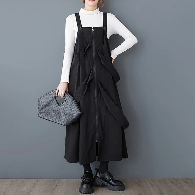 XITAO Straps Zipper Sleeveless Dress New Casual A-line Mid-calf Square Neck Solid Color Slimming Autumn Female Dress GMM1205