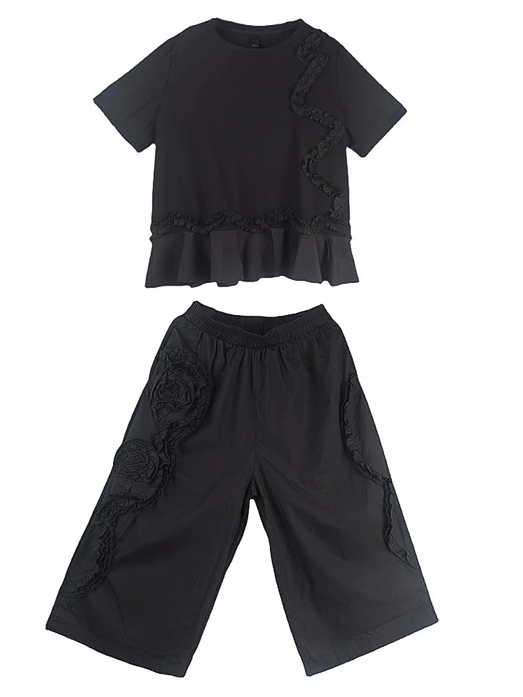 XITAO Black Casual Pant Set Summer Three-dimensional Flower O-neck Loose Fashion Wide Leg Cropped Pants Two-piece Set LYD1845