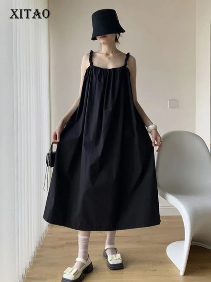 XITAO Solid Casual Strap Dress Women Korea 2024 Summer New Arrival Personality Fashion Loose Sleeveless Mid-calf Dress DMJ1938