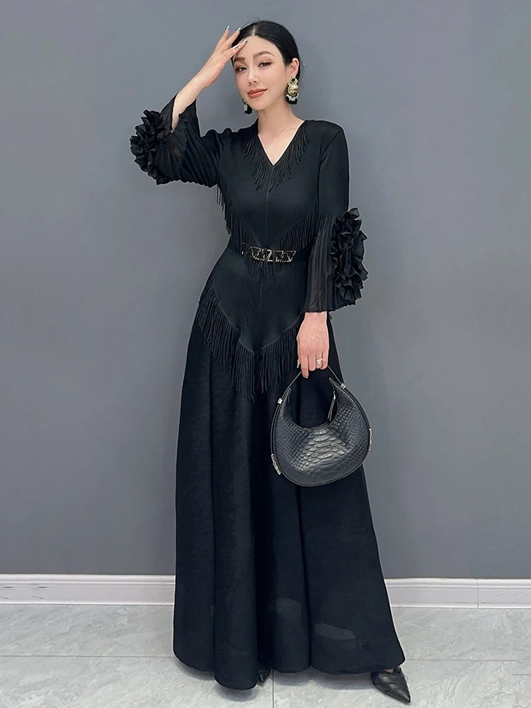 XITAO V-neck Tassels Dress Slim Fashion All Match Temperament Solid Color Elegant Loose Spring Women New A-line Dress LYD1834