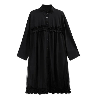 XITAO Women Dress Pullover Black Ruffle Single Breast Patchwork Pocket Goddess Fan Casual Style Loose Dress 2024 ZY8158