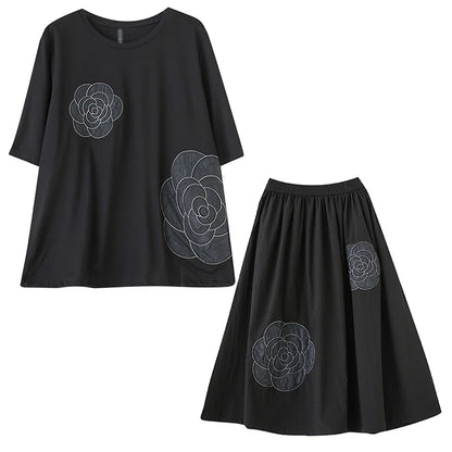 XITAO Vintage Loose Embroidery Two Piece Set Fashion Floret Patchwork Top Women Summer New Casual Temperament Skirt ZY8744