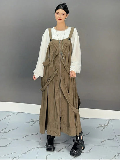 XITAO Straps Zipper Button Pocket Casual Dress Sleeveless A-line Solid Color Ankle-length Pullover Autumn Women Dress GMM1264