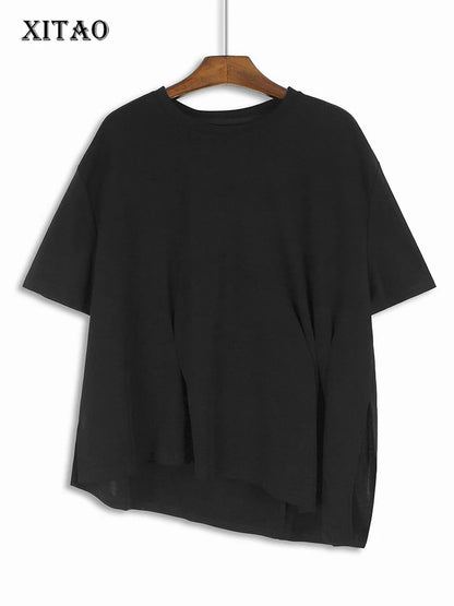 XITAO Asymmetrical Folds Short Sleeve T-shirts O-neck Solid Color Pullover Side Split All Match 2024 Summer Casual New HQQ2329