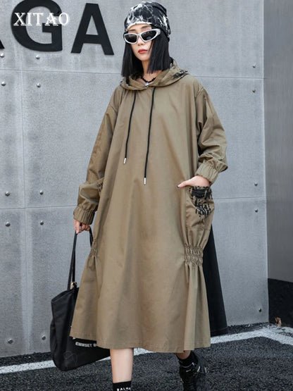 XITAO Loose Casual Pullover Mid-calf Women Dress Patchwork Hooded New Arrival Fold Fashion Long Sleeve A-line Dress ZYY1003