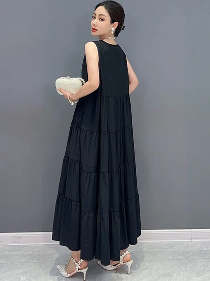 XITAO Sleeveless Loose Solid Color Pleated O-neck Dress Casual Fashion Women 2024 Summer New Pullover Simplicity Dress DMJ1898