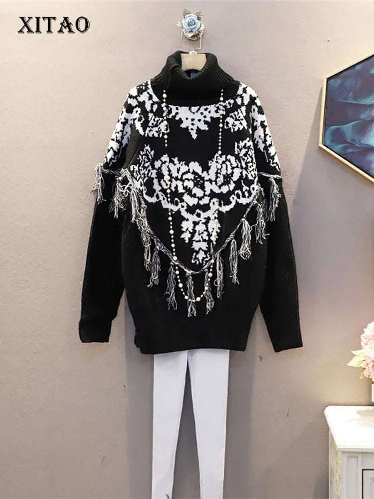 XITAO Patchwork Tassel Knitted Pullover Sweater Women Spring Casual Fashion New Style Temperament Women Clothes ZY1528