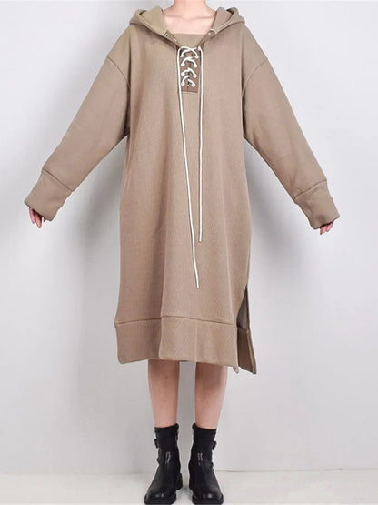 XITAO Spring New Dress Fashion Draw String Bandage Splicing Hooded Collar Pullover Loose All-match Sweatshirt Dress LDD2231