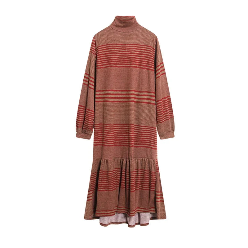 XITAO Pleated Knitted Midi Dress Women Korea Fashion New Turtleneck Striped Casual Elegant 2024 Spring Minority Dress  ZLL1516