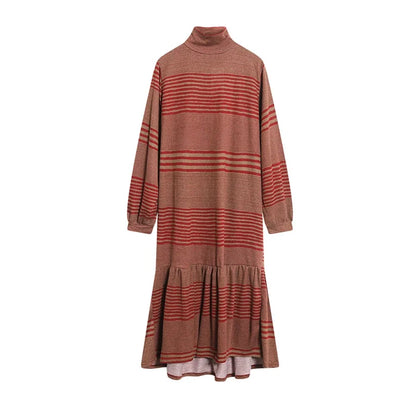 XITAO Pleated Knitted Midi Dress Women Korea Fashion New Turtleneck Striped Casual Elegant 2024 Spring Minority Dress  ZLL1516