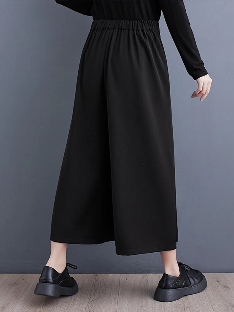 XITAO Casual Pleated Wide Leg Pants Black Asymmetrical Patchwork Lace-up Women Loose Ankle-length Pants Summer New WLD20198