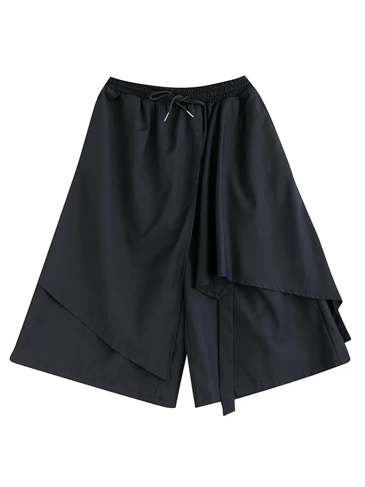 XITAO Asymmetrical Bandage Elastic Waist Pants Drawstring Solid Color Loose Wide Leg Pants Autumn Casual Fashion LYD1427