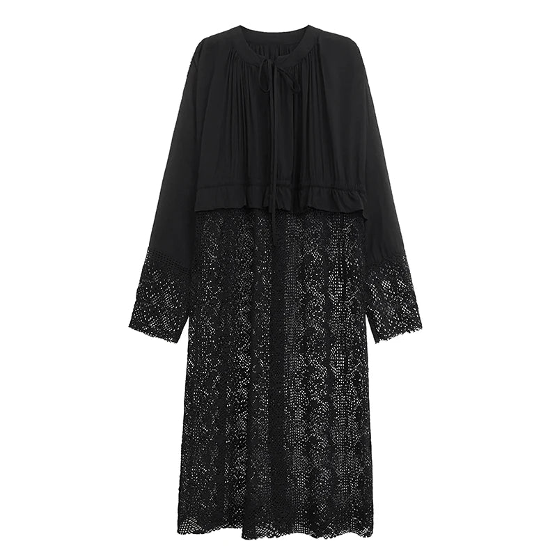 XITAO Black Lace Patchwork Long Dress Solid Color V-neck Full Sleeve Pullover Temperament Elegant Fashion Women New Dress LYD1806